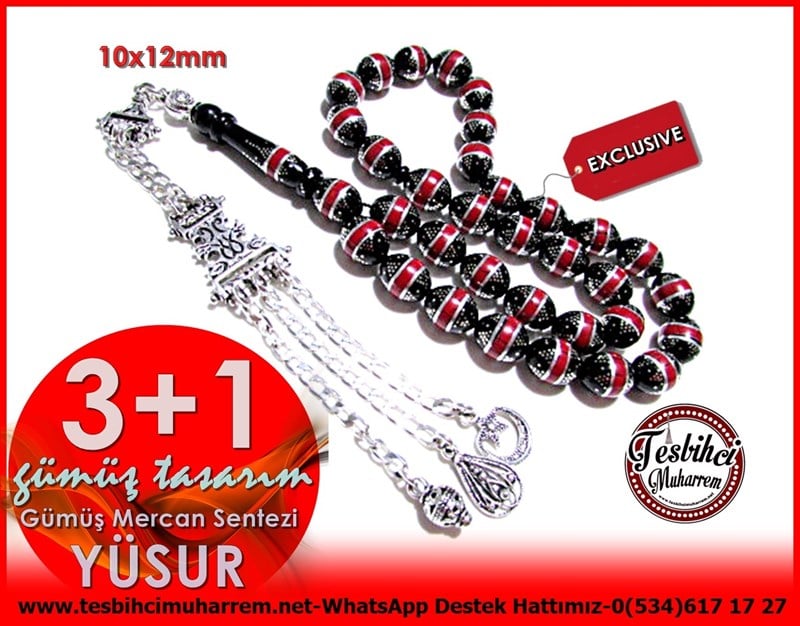 Gümüş Püskül Gümüş Kakma Özel Çalışma Siyah Kırmızı Deniz Mercanı Yüsur Tesbih 3+1