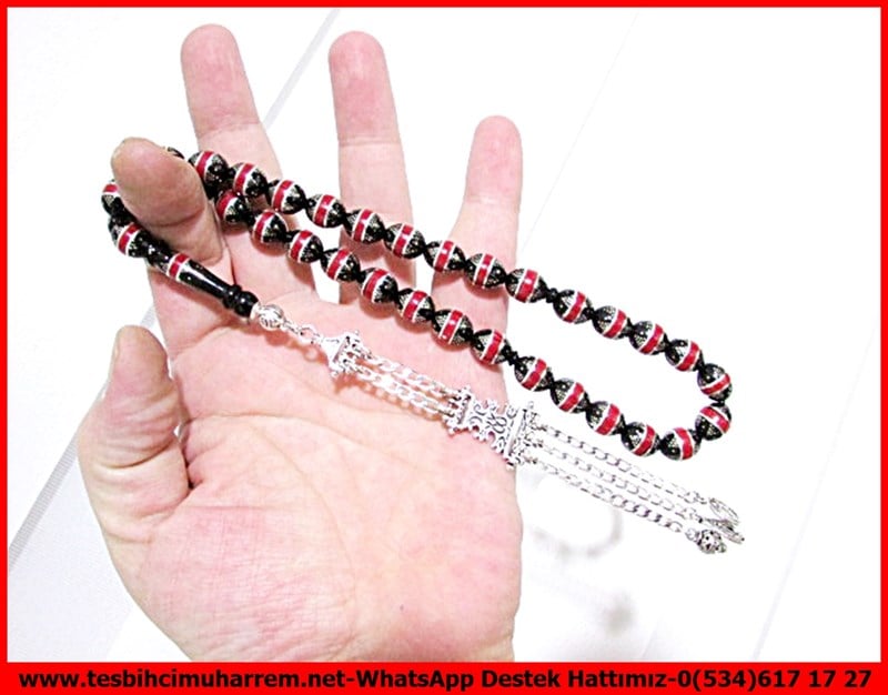 Gümüş Püskül Gümüş Kakma Özel Çalışma Siyah Kırmızı Deniz Mercanı Yüsur Tesbih 3+1