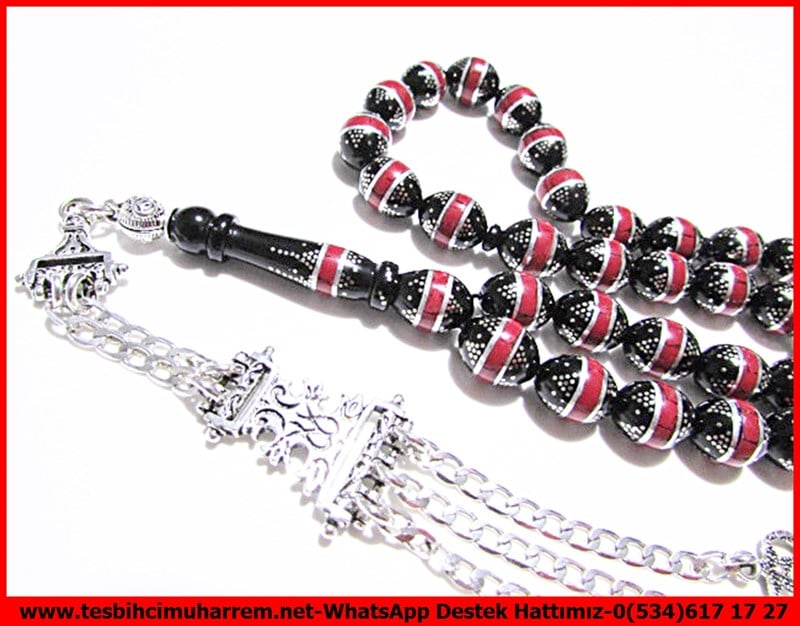 Gümüş Püskül Gümüş Kakma Özel Çalışma Siyah Kırmızı Deniz Mercanı Yüsur Tesbih 3+1