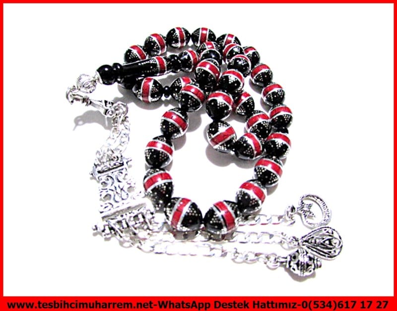 Gümüş Püskül Gümüş Kakma Özel Çalışma Siyah Kırmızı Deniz Mercanı Yüsur Tesbih 3+1