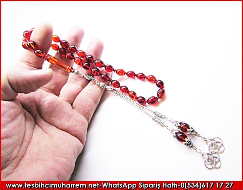 Gümüş Püsküllü Çaysak Sıkma Kehribar Tesbih 8*11 mm Giden Candan 