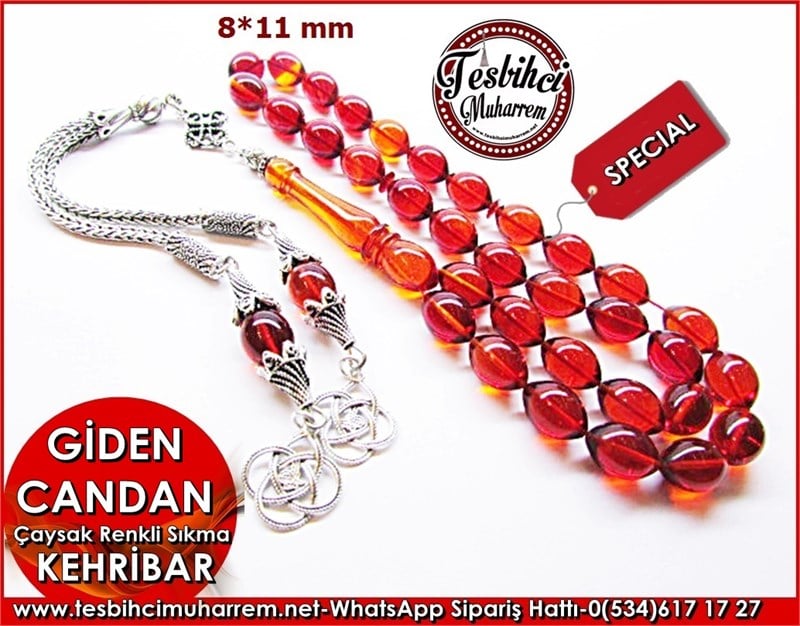 Gümüş Püsküllü Çaysak Sıkma Kehribar Tesbih 8*11 mm Giden Candan 