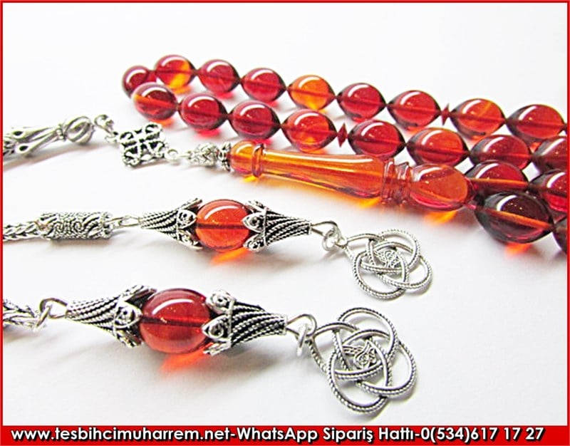 Gümüş Püsküllü Çaysak Sıkma Kehribar Tesbih 8*11 mm Giden Candan 