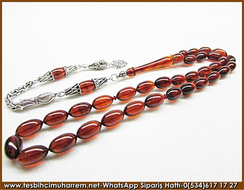 Gümüş Püsküllü Koyu Kahve Damarlı Sıkma Kehribar Tesbih 6,5*11 mm Gün Ağardı 