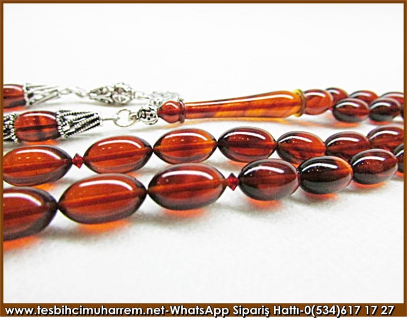 Gümüş Püsküllü Koyu Kahve Damarlı Sıkma Kehribar Tesbih 6,5*11 mm Gün Ağardı 