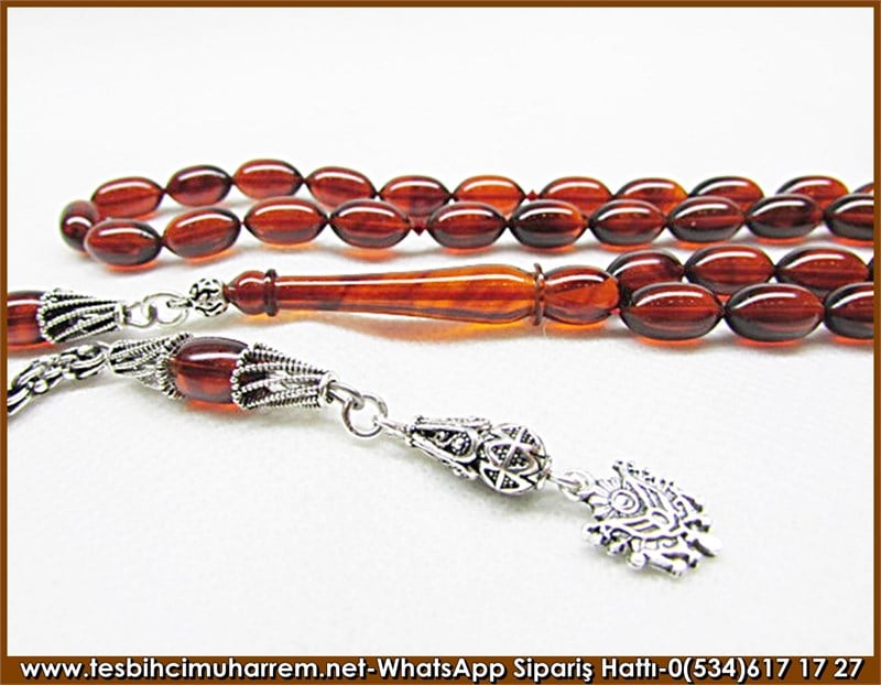 Gümüş Püsküllü Koyu Kahve Damarlı Sıkma Kehribar Tesbih 6,5*11 mm Gün Ağardı 