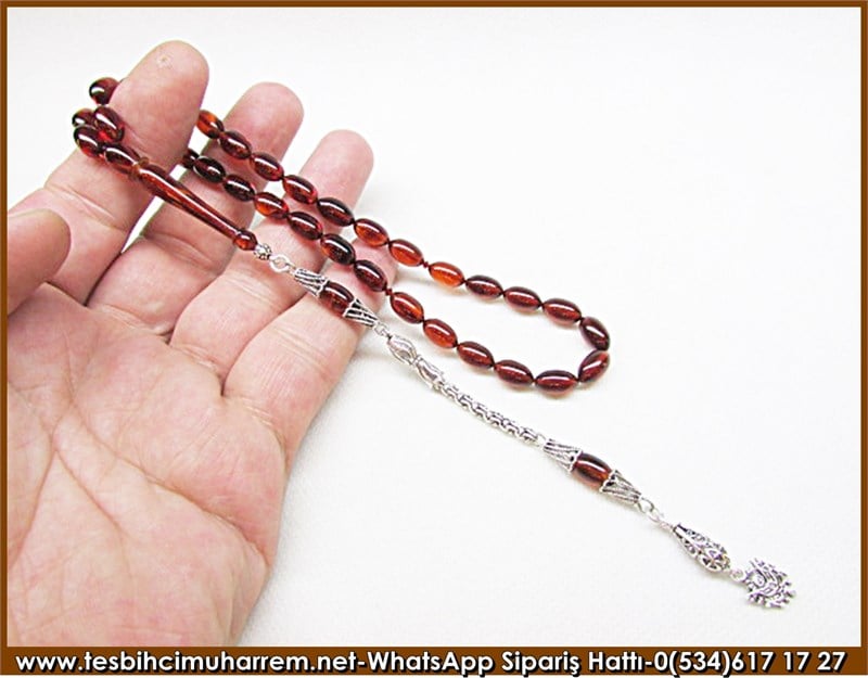 Gümüş Püsküllü Koyu Kahve Damarlı Sıkma Kehribar Tesbih 6,5*11 mm Gün Ağardı 