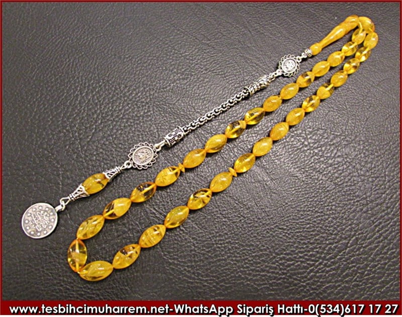 Gümüş Püsküllü Sarı Sıkma Kehribar Tesbih 7*12 mm Damar Yolu 