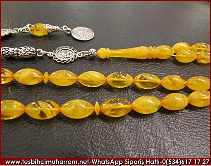 Gümüş Püsküllü Sarı Sıkma Kehribar Tesbih 7*12 mm Damar Yolu 