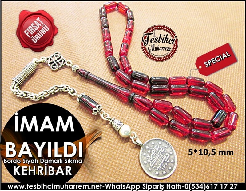 Gümüş Püsküllü Sıkma Kehribar Tesbih 5*10,5 mm İmam Bayıldı