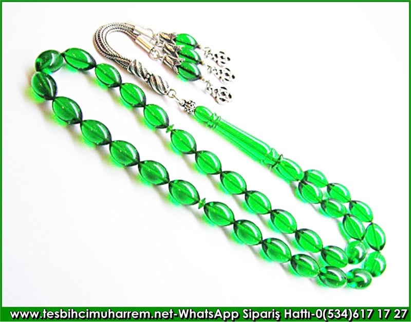 Gümüş Püsküllü Türbe Yeşili Ateş Kehribar Tesbih 7*11 mm Alaçatı 