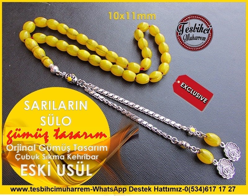 Gümüş Tasarım Sarı Ton Eski Usül Vintage Sıkma Kehribar Tesbih Sarıların Sülo