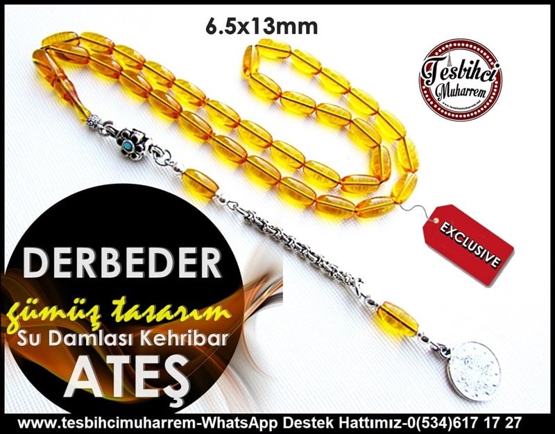 Gümüş Tasarım Su Damlası Uzun Kapsül Ateş Kehribar Tesbih  Derbeder 