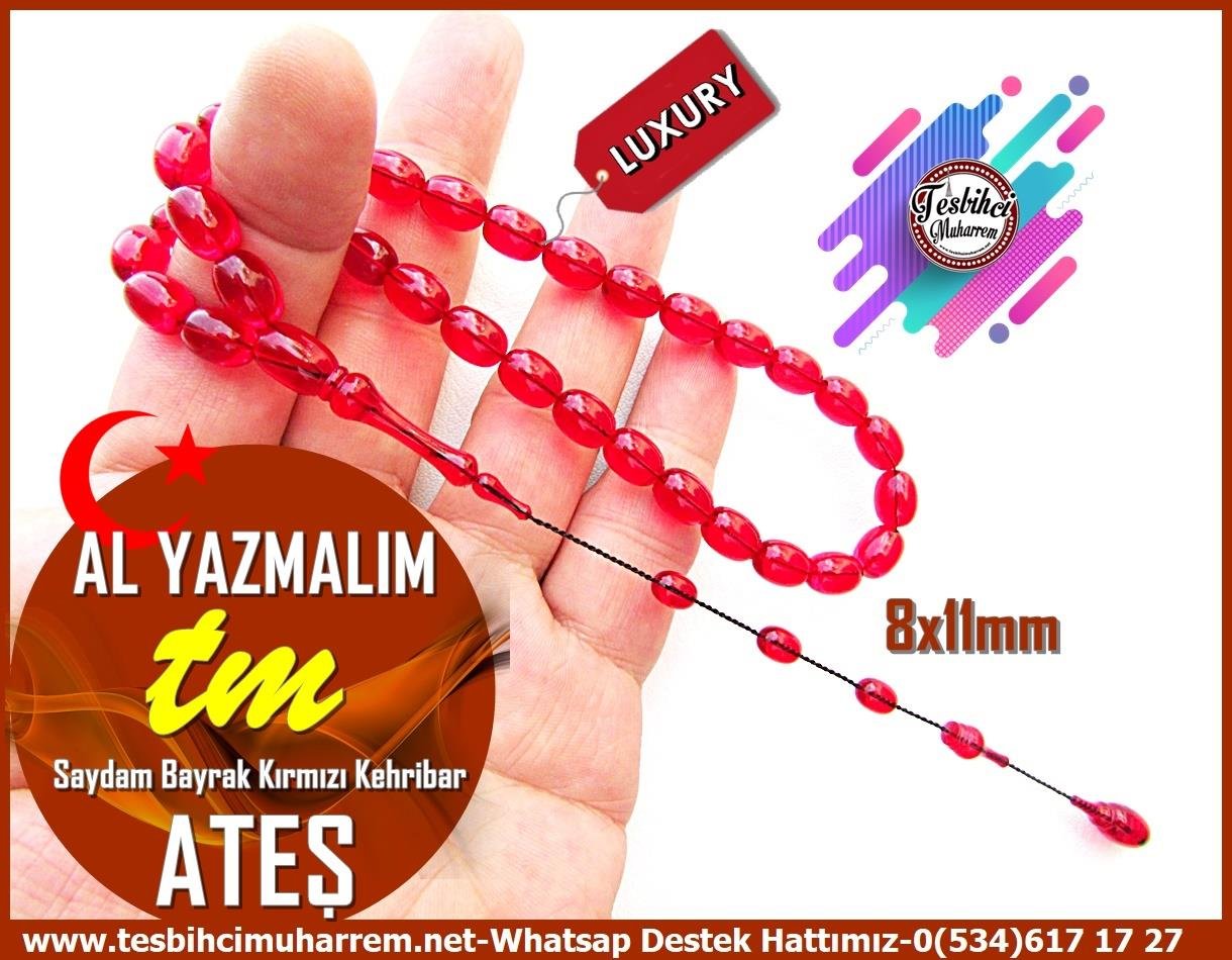Ateş Kırmızı Ton TesbihlerTM13413Mehmet Emin Saraç Usta El İşçiliği Tespih | Ateş Kehribar, Saydam Bayrak Kırmızı, Badem Kesim 