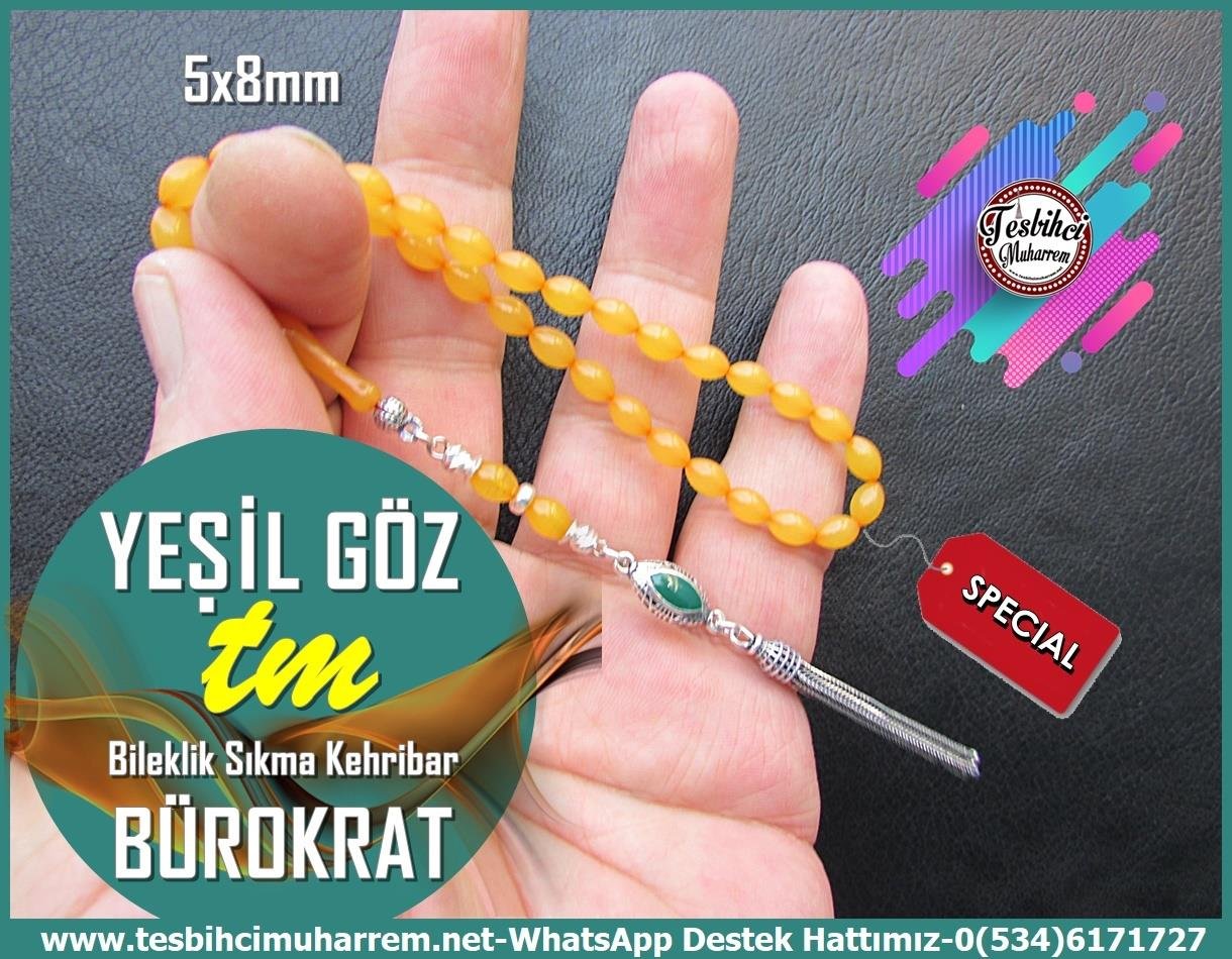 Maskot, Bileklik ve Bürokrat TespihlerTM13855Muharrem Karaoğlu Dizayn | Sıkma Kehribar Bürokrat Tespih, Bilek Boy, Sarı Renk, 