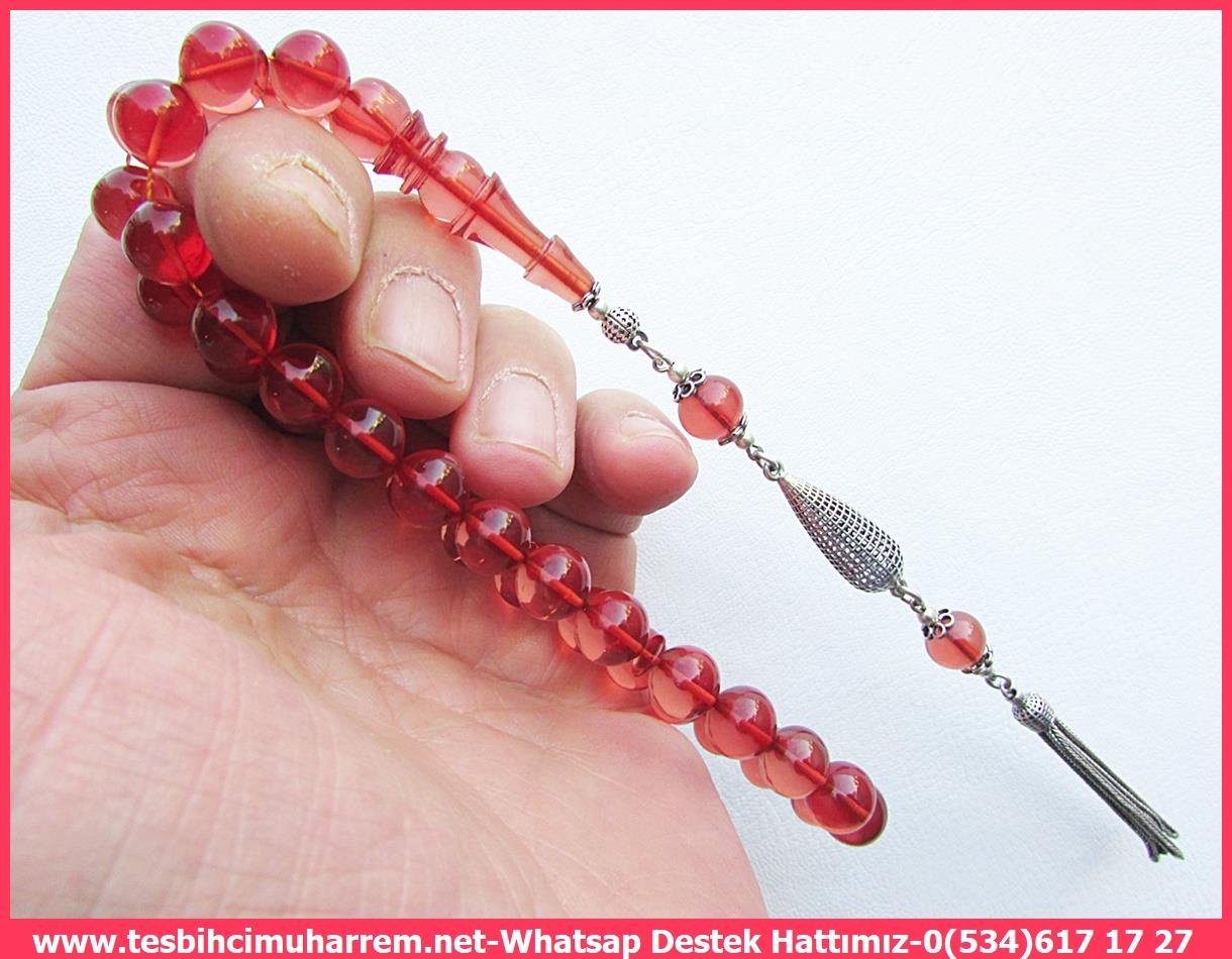 Nar Çiçeği Ton TesbihlerTM13491Muharrem Karaoğlu Usta Dizayn Tespih | Pembe Ateş Kehribar, Sığırcık Kesim, Gümüş Püsküllü 