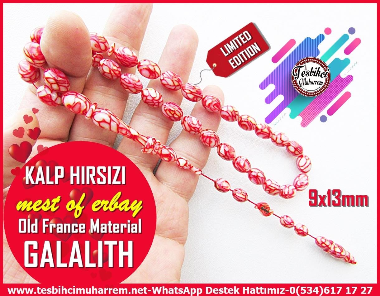 Galanit TesbihTM13911Mustafa Erbay Usta İşçilikli Tespih | Eski Galalith, Sedefli Kırmızı Beyaz, Beyzi Kesim, 