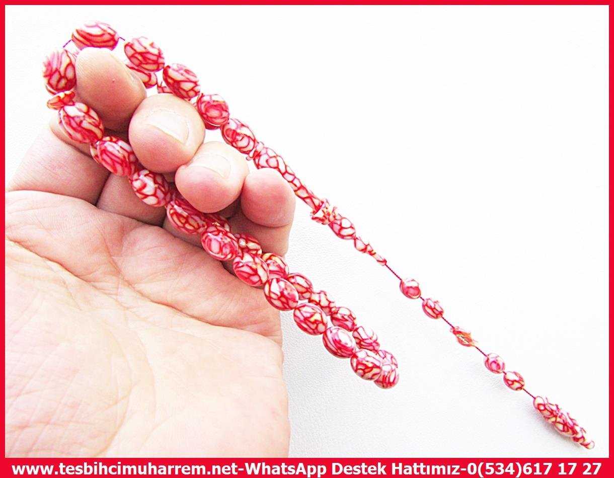 Galanit TesbihTM13911Mustafa Erbay Usta İşçilikli Tespih | Eski Galalith, Sedefli Kırmızı Beyaz, Beyzi Kesim, 