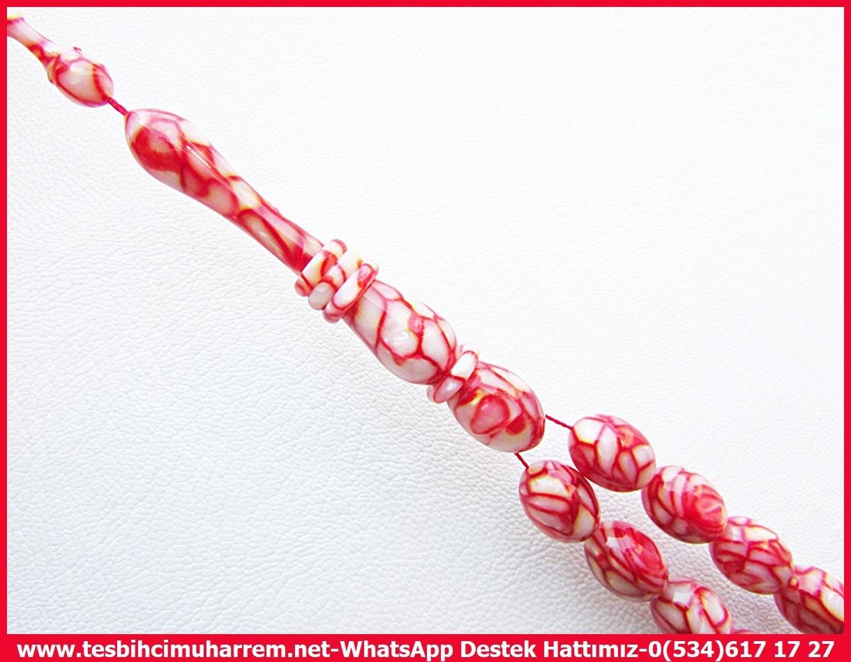 Galanit TesbihTM13911Mustafa Erbay Usta İşçilikli Tespih | Eski Galalith, Sedefli Kırmızı Beyaz, Beyzi Kesim, 