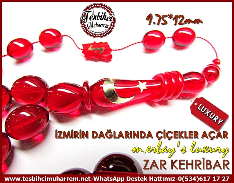 Mustafa Erbay Ustadan Altın Ay Yıldız ve Türkiye Haritası Desenli Alman Blok Zar Kehribar Tesbih