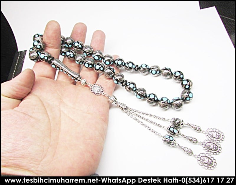 Müstesna İşçilik Firuzeli Yoğun Gümüş Çakı Yüsur Tesbih Bad-dar