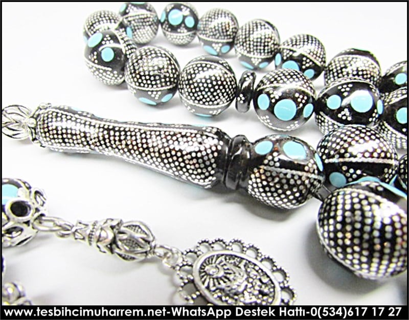 Müstesna İşçilik Firuzeli Yoğun Gümüş Çakı Yüsur Tesbih Bad-dar