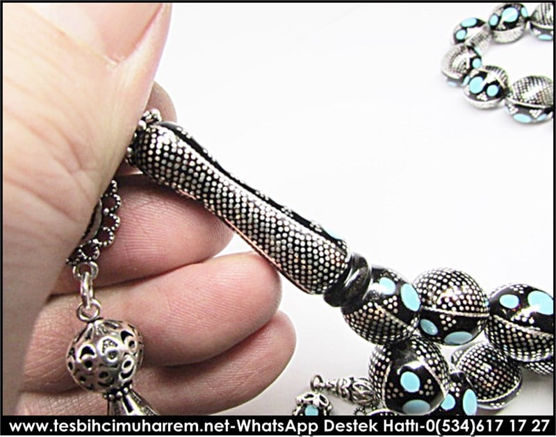 Müstesna İşçilik Firuzeli Yoğun Gümüş Çakı Yüsur Tesbih Bad-dar