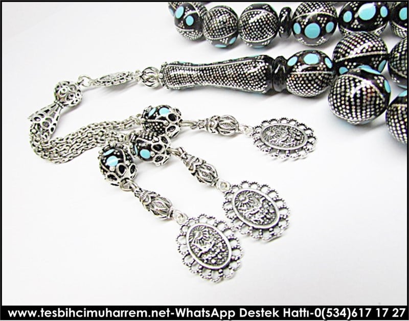 Müstesna İşçilik Firuzeli Yoğun Gümüş Çakı Yüsur Tesbih Bad-dar