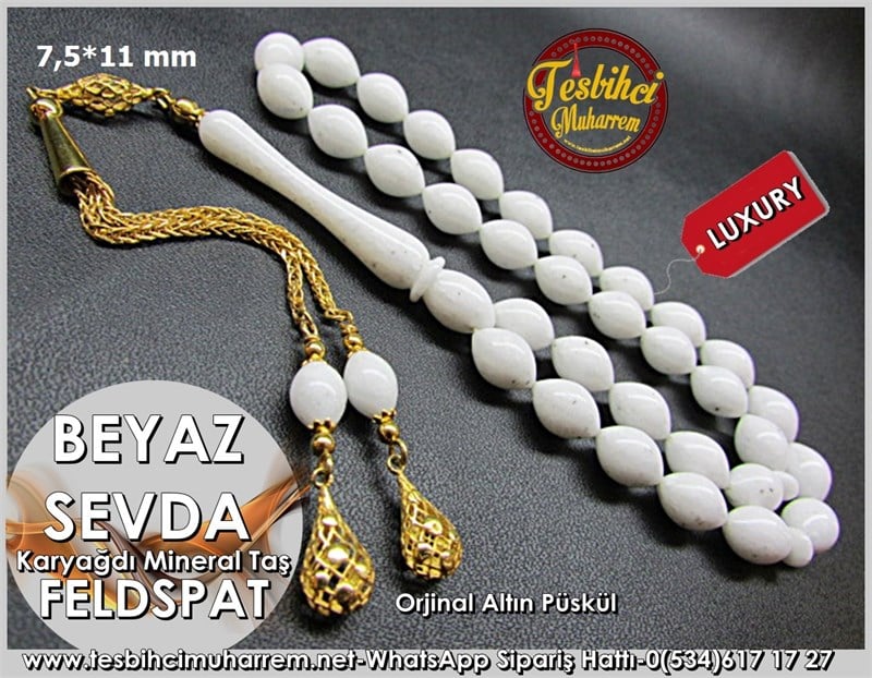 Orjinal Altın Püsküllü Feldspat Tesbih 7,5*11 mm Beyaz Sevda 