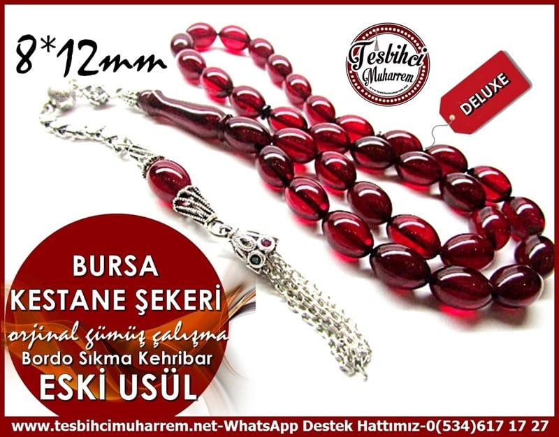 Orjinal Gümüş Çalışma Kırçıllı Eski Usül Sıkma Kehribar Tesbih Bursa Kestane Şekeri