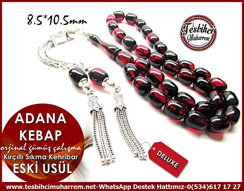Orjinal Gümüş Çalışma Kırçıllı Eski Usül Sıkma Kehribar Tesbih Adana Kebap