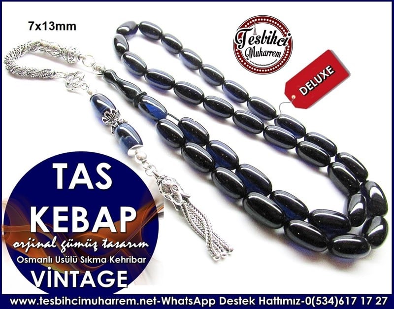Orjinal Gümüş Püskül Osmanlı Usülü Vintage Sıkma Kehribar Tesbih Tas Kebap