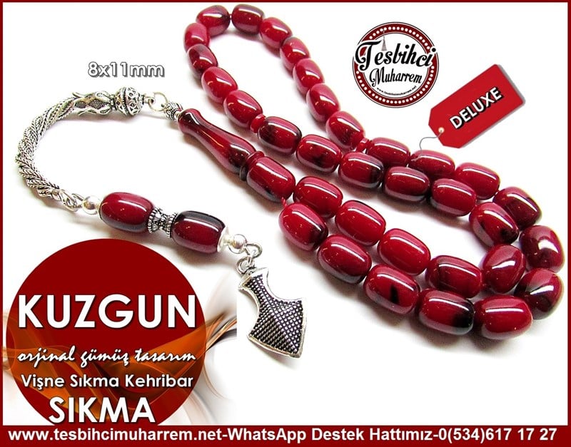 Orjinal Gümüş Tasarım Siyah Damar Vişne Sıkma Kehribar Tesbih Kuzgun