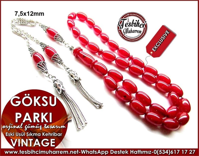 Orjinal Gümüş Tasarım Vintage Sıkma Kehribar Tesbih Göksu Parkı 