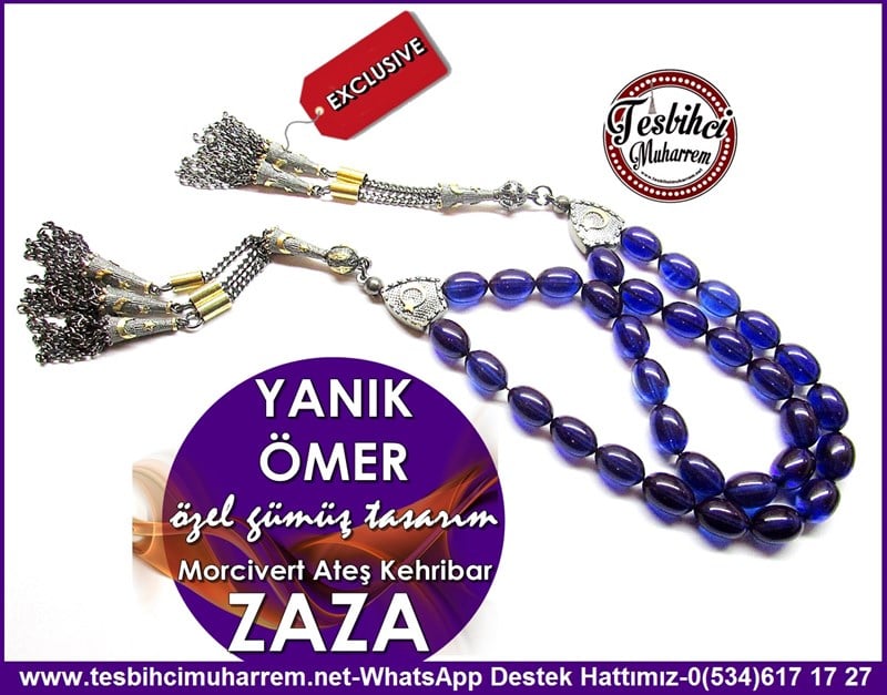 Orjinal Özel Gümüş Tasarım Morcivert Ateş Kehribar Zaza Tesbih Yanık Ömer
