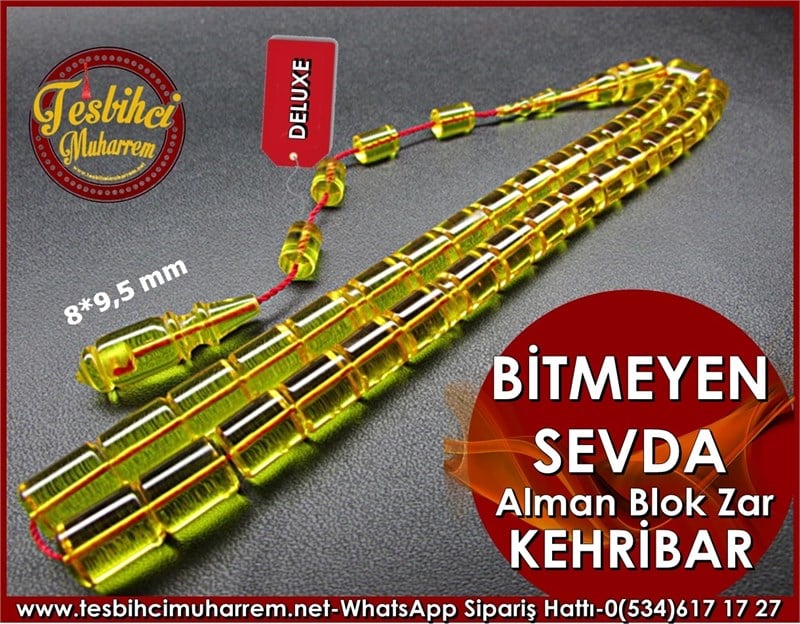 Özel Alman Blok Zar Kehribar Tesbih 8*9,5 mm Bitmeyen Sevda 
