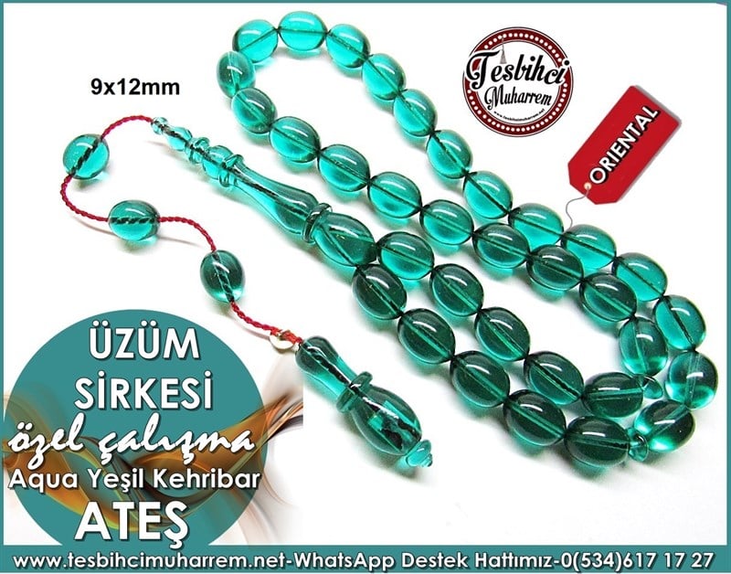 Özel Çalışma Aqua Yeşil Beyzi Model Ateş Kehribar Tesbih Üzüm Sirkesi