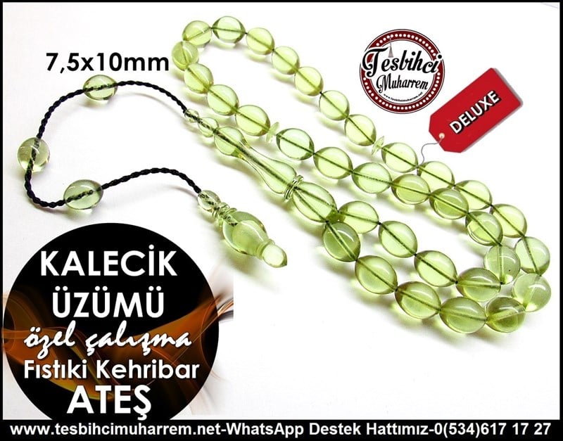 Özel Çalışma Fıstıki Yeşil Ateş Kehribar Tesbih Kalecik Üzümü 