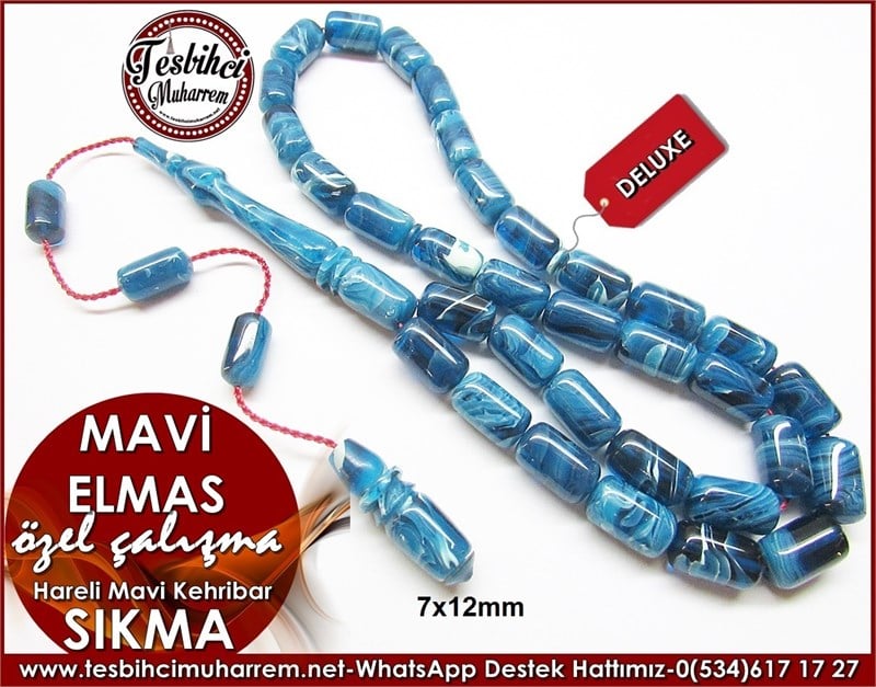 Özel Çalışma Hareli Sıkma Kehribar Tesbih Mavi Elmas