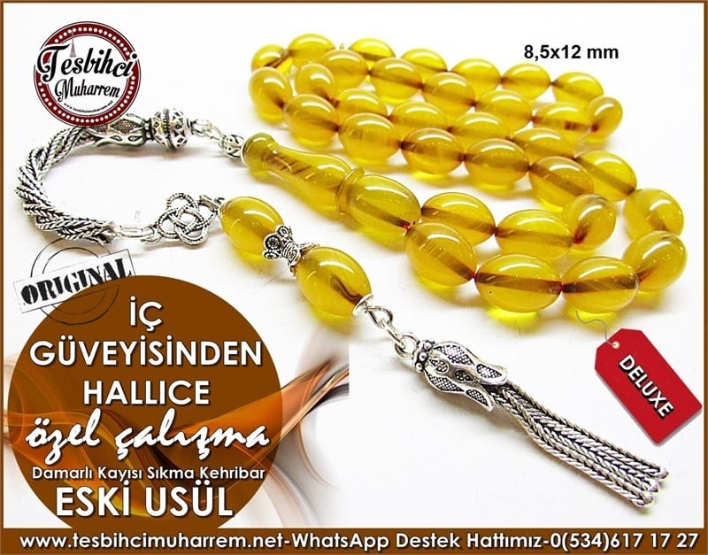 Özel Çalışma Kayısı Eski Usül Sıkma Kehribar Tesbih İç Güveyisinden Hallıca