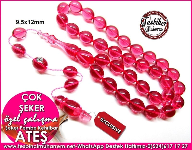 Özel Çalışma Şeker Pembe Beyzi Ateş Kehribar Tesbih Çok Şeker
