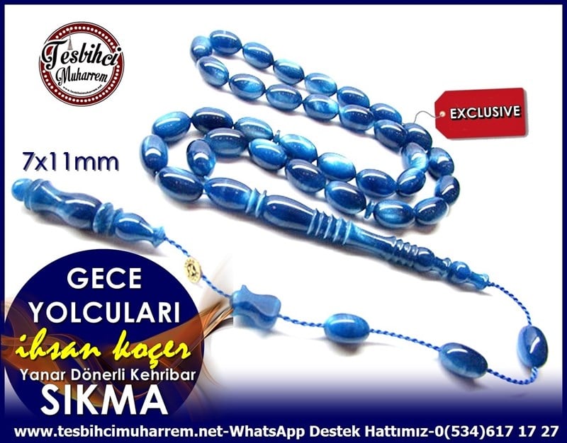 Özel Çalışma Yanar Dönerli Mavi Sıkma Kehribar Tesbih Gece Yolcuları