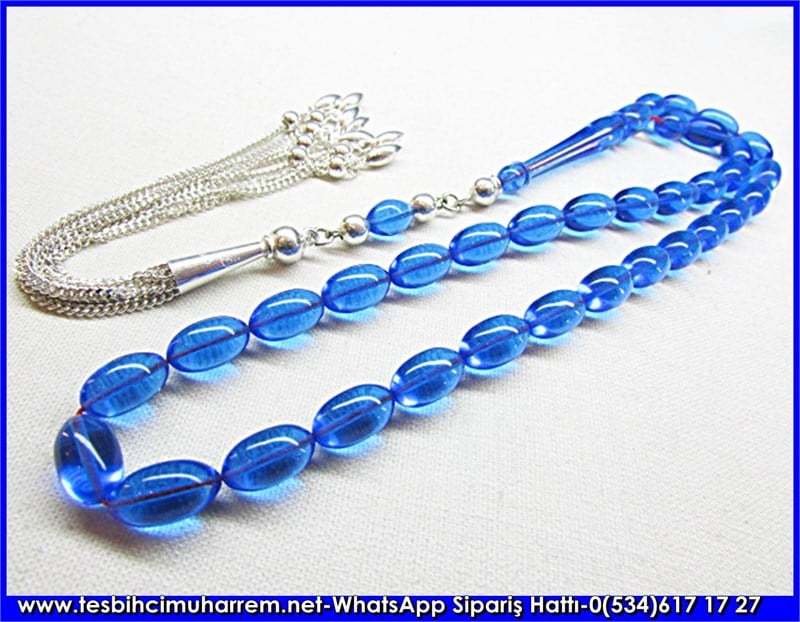 Özel İpek Püskül Flexiglass Tesbih 7*12 mm Mavi Liman