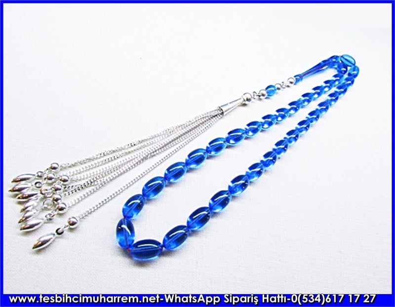 Özel İpek Püskül Flexiglass Tesbih 7*12 mm Mavi Liman