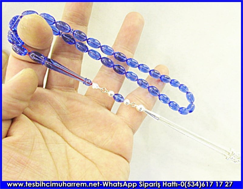 Özel İpek Püskül Flexiglass Tesbih 7*12 mm Mavi Liman