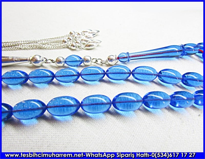 Özel İpek Püskül Flexiglass Tesbih 7*12 mm Mavi Liman