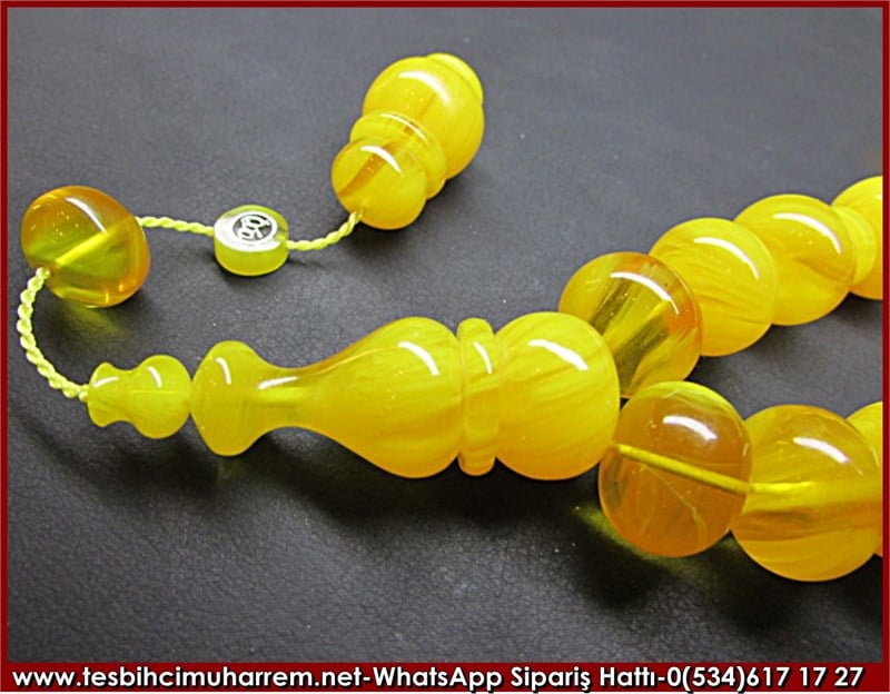 Özel İşçilik 19 luk Efe Maskot Sıkma Kehribar Tesbih 11*14 mm Sarı Sülo 