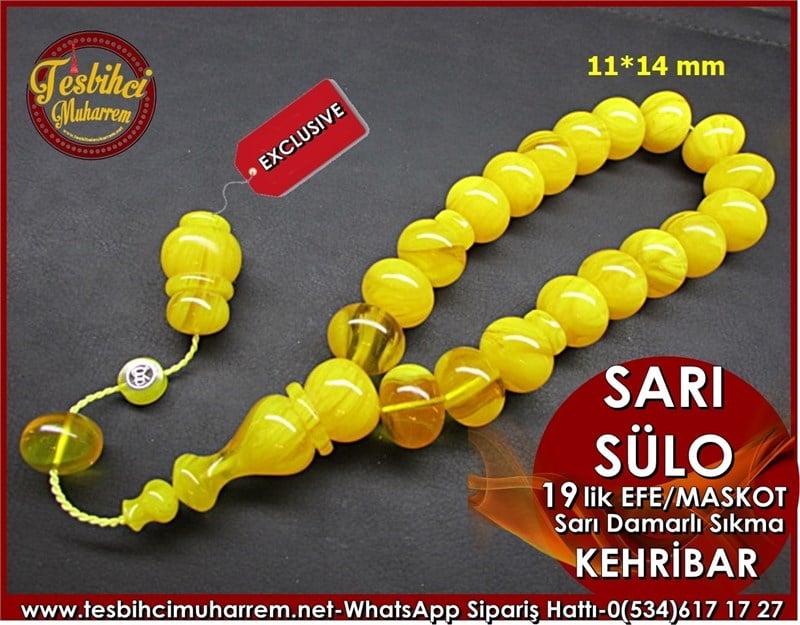 Özel İşçilik 19 luk Efe Maskot Sıkma Kehribar Tesbih 11*14 mm Sarı Sülo 