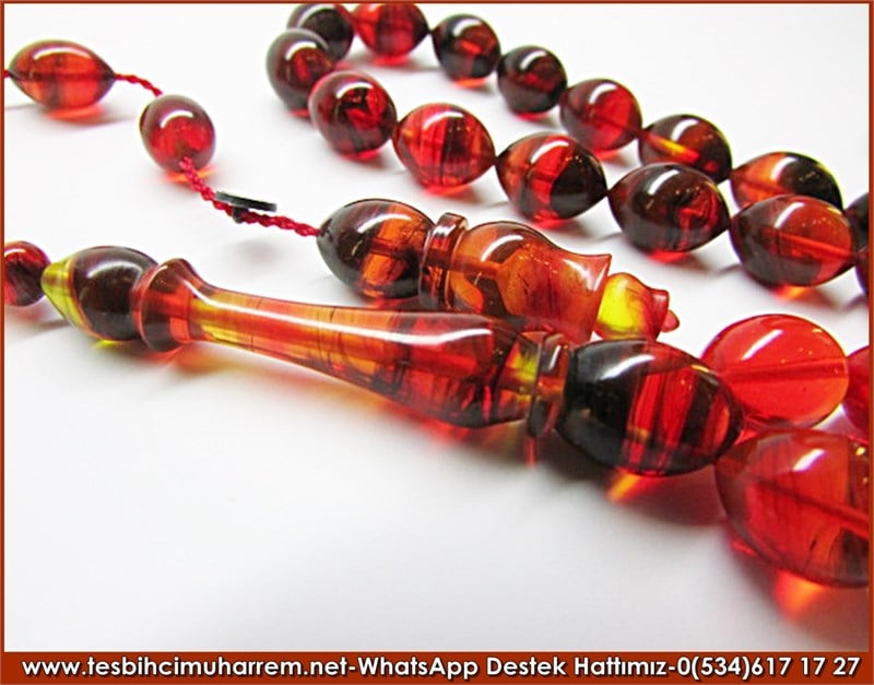 Özel İşçilik Black Orange Renkli Sıkma Kehribar Tesbih Yalnız Çiçek