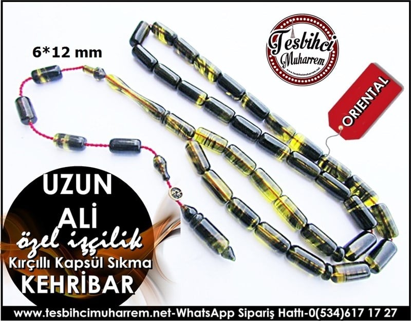 Özel İşçilik Kırçıllı Sıkma Kehribar Tesbih 6*12 mm Uzun Ali 